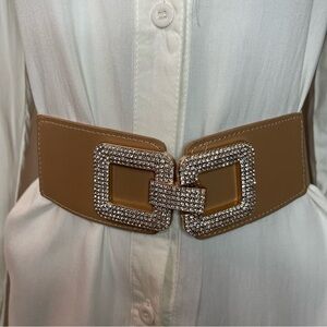Brown PU leather buckle with rhinestones details elastic waistband belt